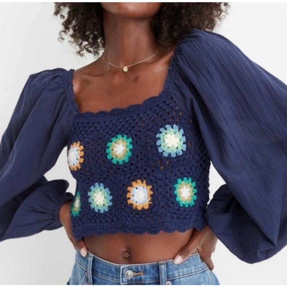 Aerie Crochet Vacay Puff Sleeve Top In Navy Blue Floral Size XS